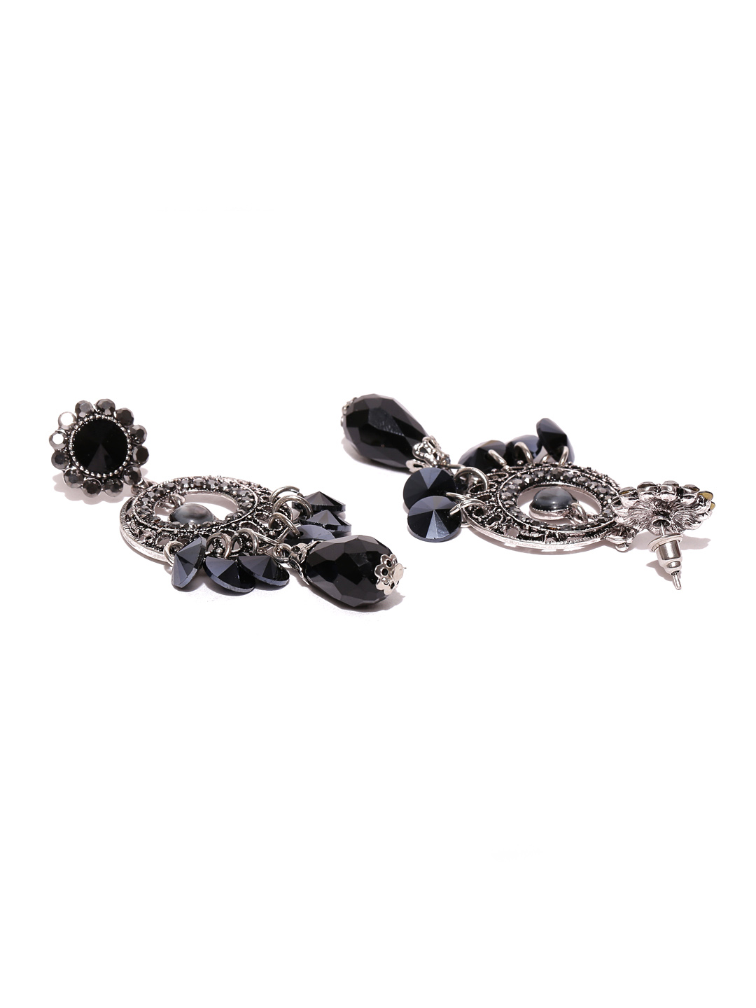 YouBella Black Silver-Plated Stone-Studded Drop Earrings